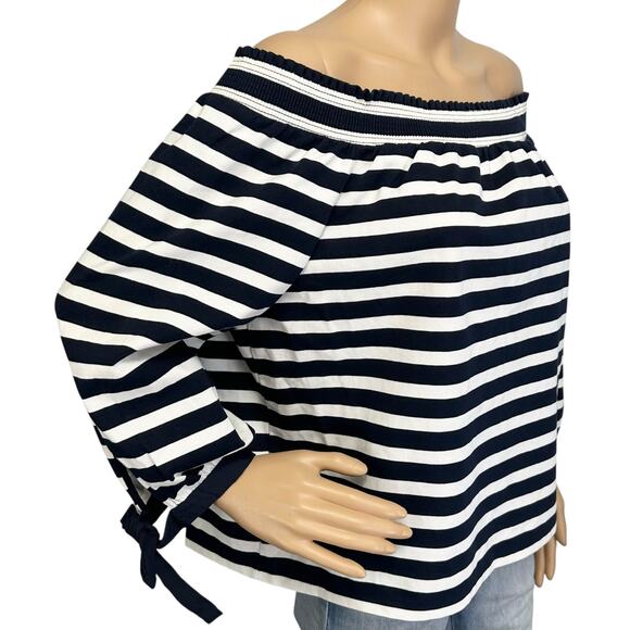 J. Crew Striped Off The Shoulder Top Navy Blue White Bow Sleeve G2549 Size L - Picture 4 of 13